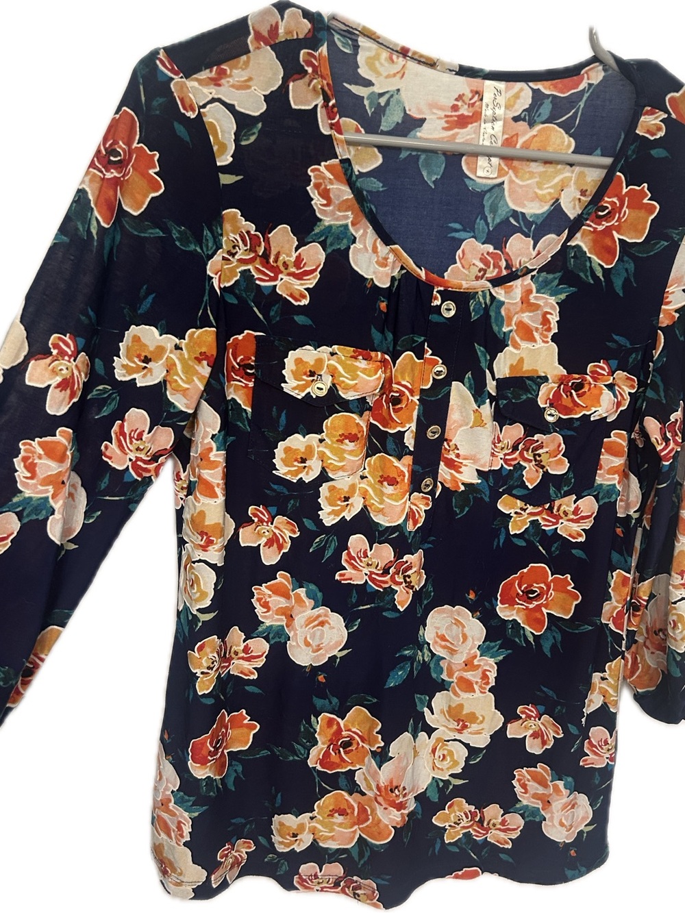 PerSeption Concept Navy Floral Button-Front Blouse with Orange & Cream Blooms